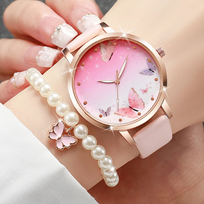 6 Piece Butterfly Dial Quartz Watch Jewelry Set