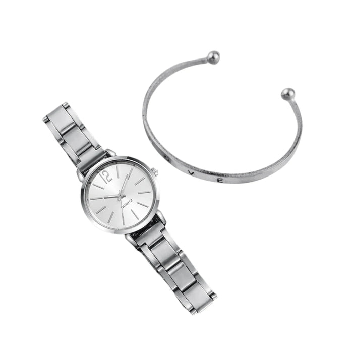 2 Piece Gold Steel Band Watch Bracelet Set for Women