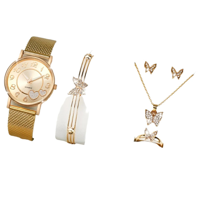 6 Piece Heart Watch Set Golden Quartz Butterfly Design