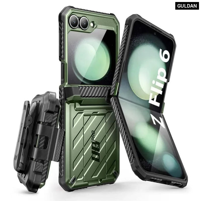 For Samsung Galaxy Z Flip 6/5 Hinge Protection Dual Layer Rugged Protective Case With Holster & Kickstand