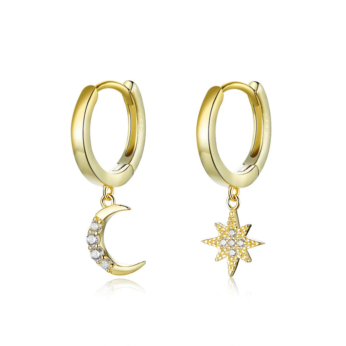 925 Sterling Silver Moon And Star Dangle Earrings With Charm Plated In Gold