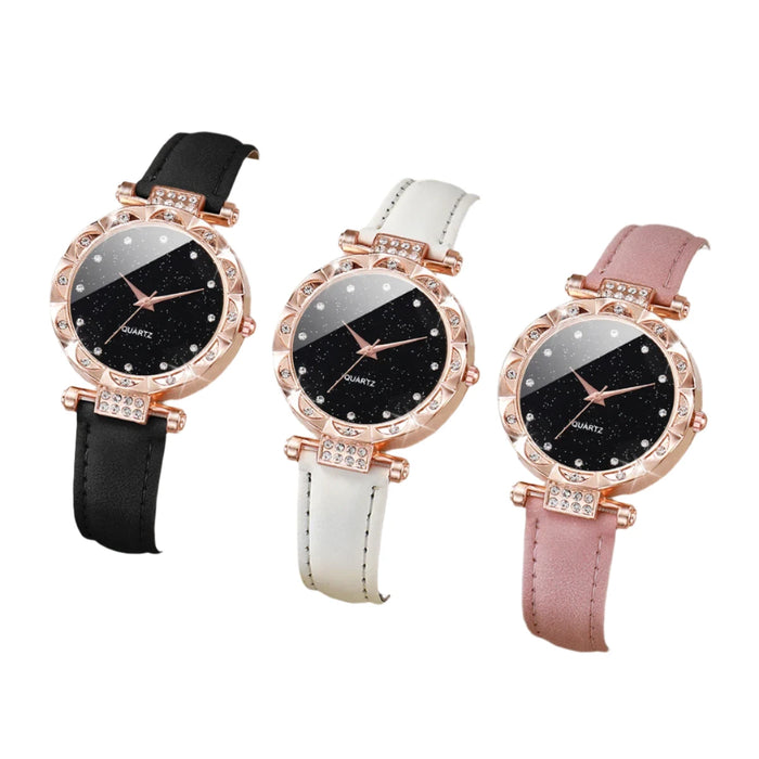 3 Piece Rhinestone Leather Band Watch Set - Without Box