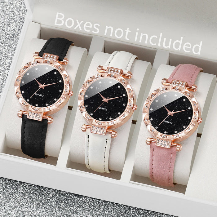 3 Piece Rhinestone Leather Band Watch Set - Without Box