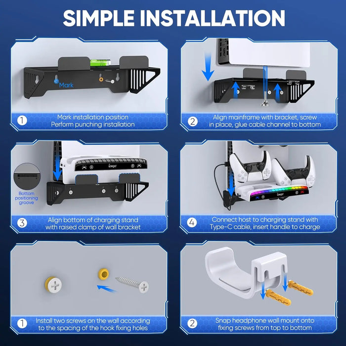 Ps5/Ps5 Slim Wall Mount Kit Dual Charging Station Headset Holder