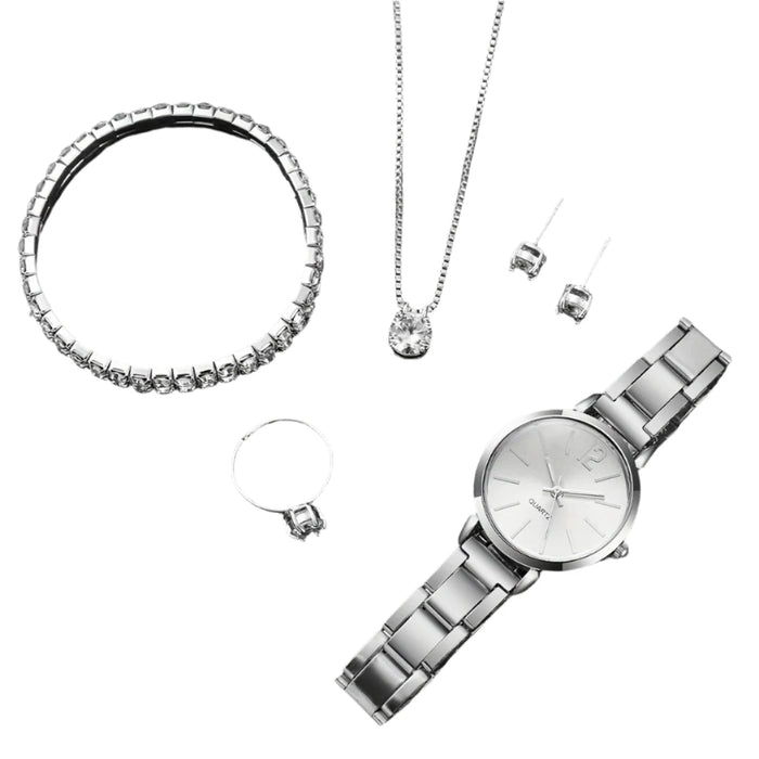 6 Piece Stainless Steel Quartz Watch Set Diamond Accents - Without Box