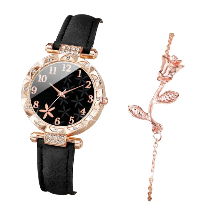 Flower Dial Leather Band Watch Set