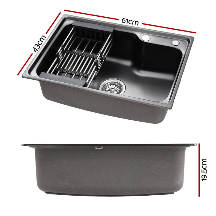 Kitchen Sink 61X43Cm Stainless Steel Basin Single Bowl Black Drain Basket