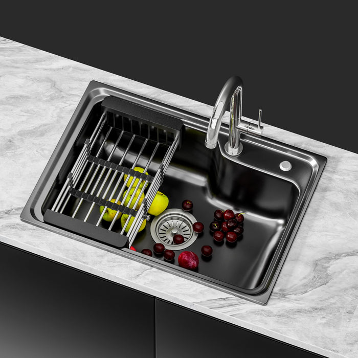 Kitchen Sink 61X43Cm Stainless Steel Basin Single Bowl Black Drain Basket