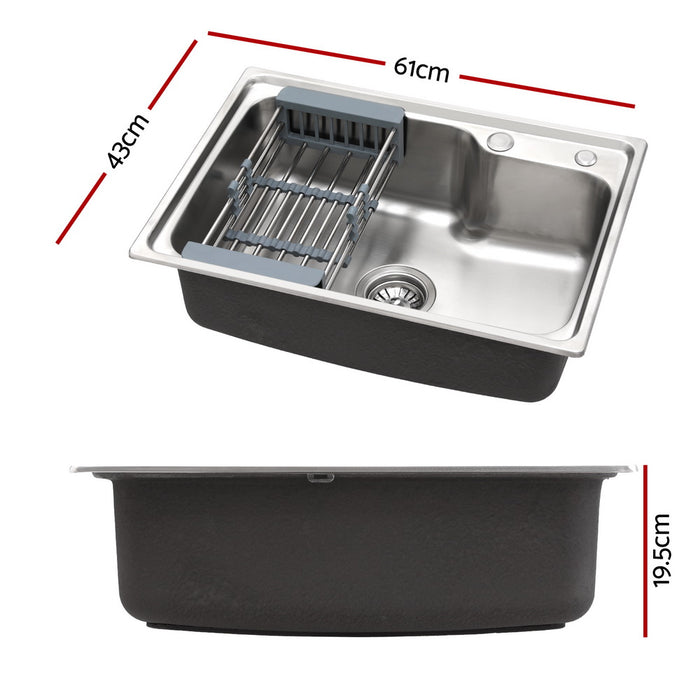 Kitchen Sink 61X43Cm Stainless Steel Basin Single Bowl Silver Drain Basket