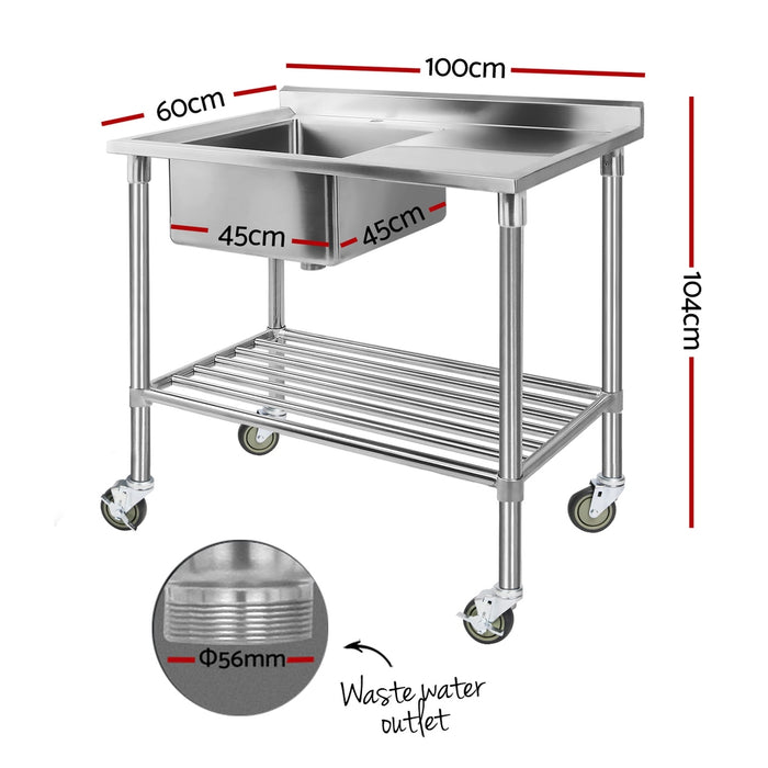 Stainless Steel Sink Bench Kitchen Work Benches Bowl Wheels 304