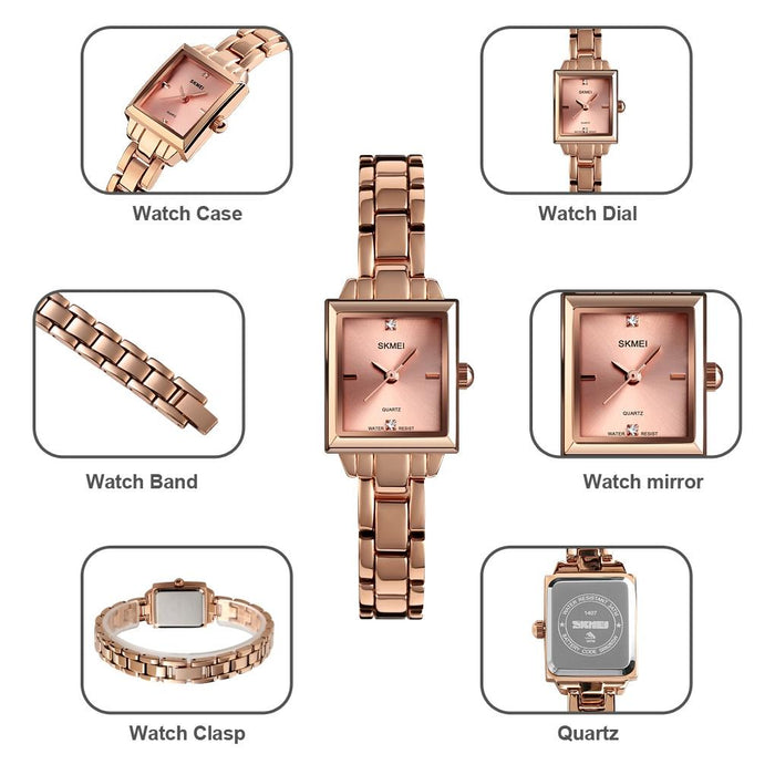 1407 Business Fashion Diamonds Delicate And Elegant Square Zinc Alloy Quartz Watch For Women Rose Gold