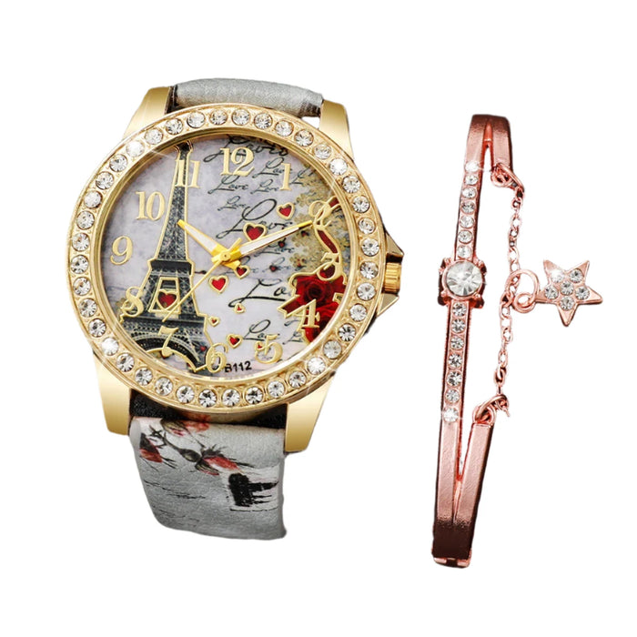 PU Leather Eiffel Tower Watch Set