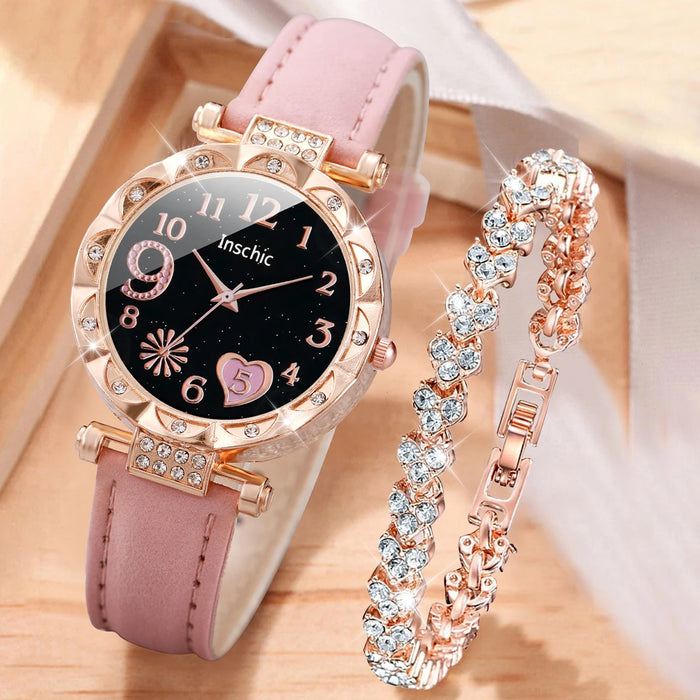 2 Piece Heart Dial Leather Band Watch Set Rhinestone Accents