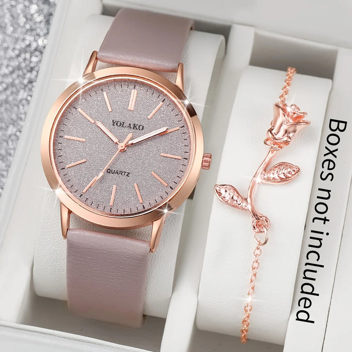 2 Piece Shiny PU Leather Quartz Watch Set Rose Flower Bracelet