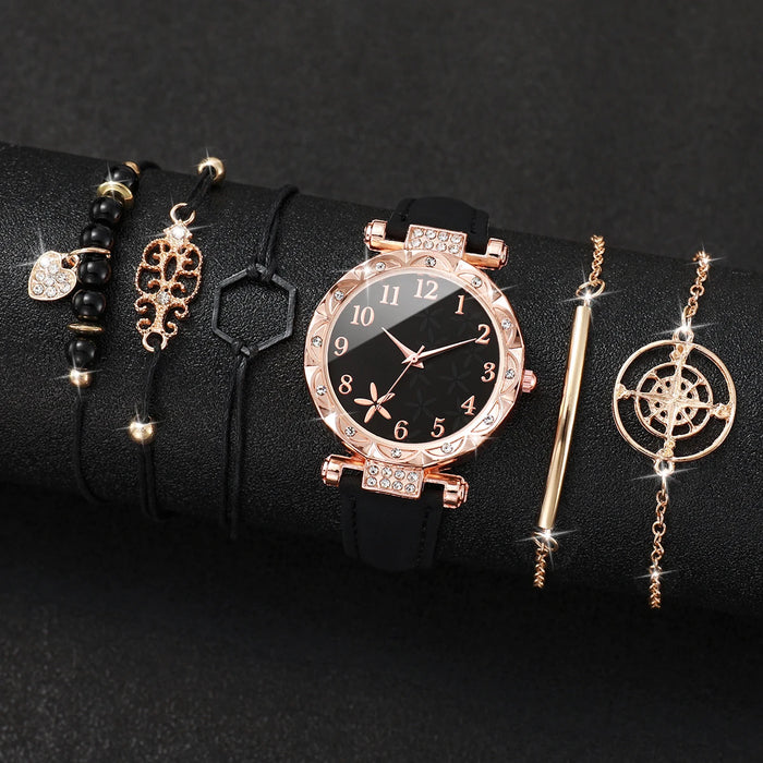 6 Piece Floral Rhinestone Quartz Watch Set - Without Box