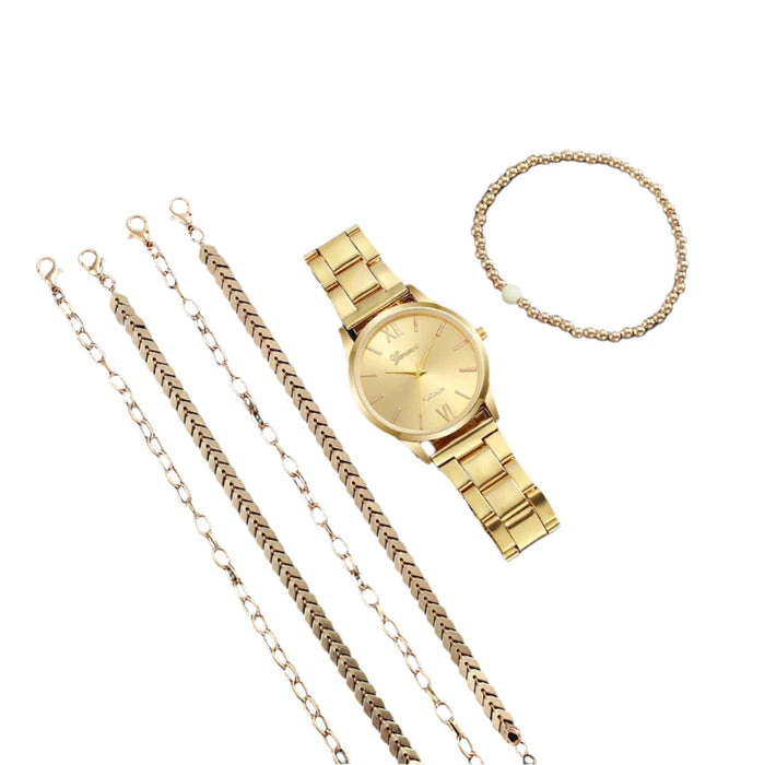 6 Piece Gold Steel Band Quartz Watch Set - Without Box