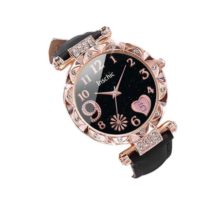 6 Piece Rhinestone Heart Watch Set Leather Bands