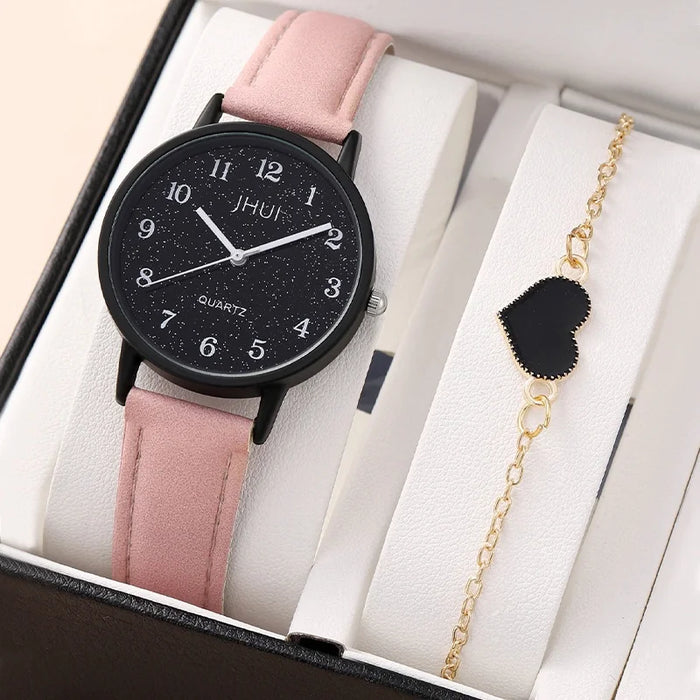 2 Piece Starry Sky Quartz Watch Set Leather Band Heart Bracelet