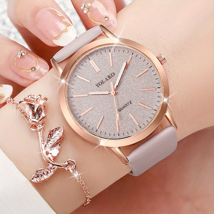 2 Piece Shiny PU Leather Quartz Watch Set Rose Flower Bracelet