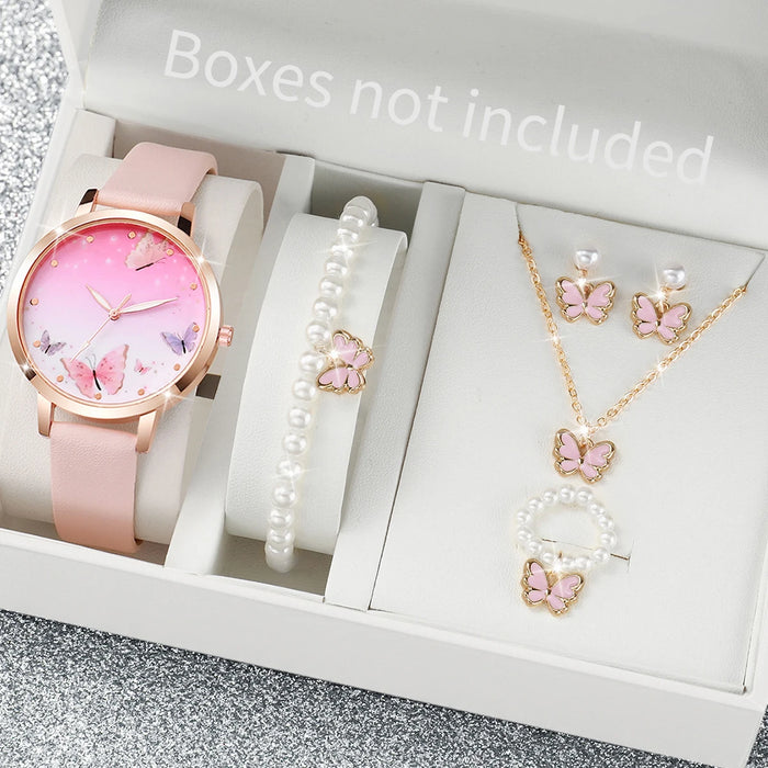 6 Piece Butterfly Dial Quartz Watch Jewelry Set