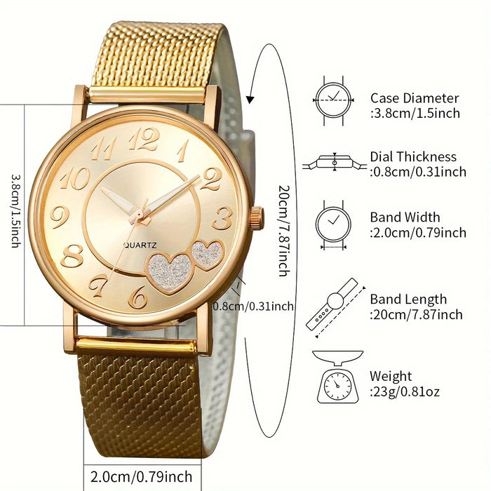 6 Piece Heart Watch Set Golden Quartz Butterfly Design