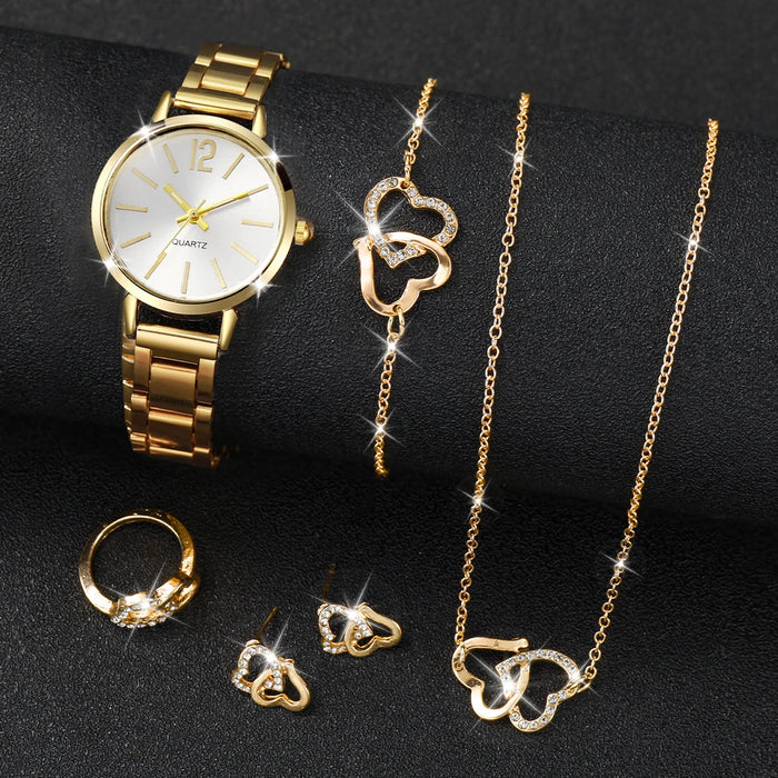 6 Piece Gold Steel Band Quartz Watch Set - Without Box