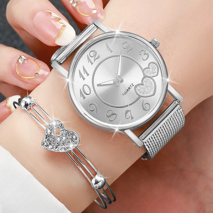 6 Piece Heart Dial Quartz Watch Set Plastic Band Jewelry