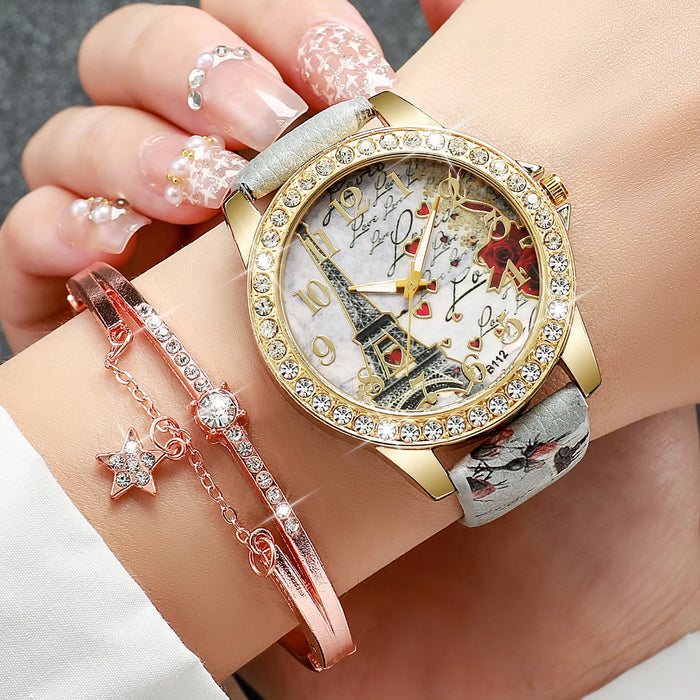 PU Leather Eiffel Tower Watch Set