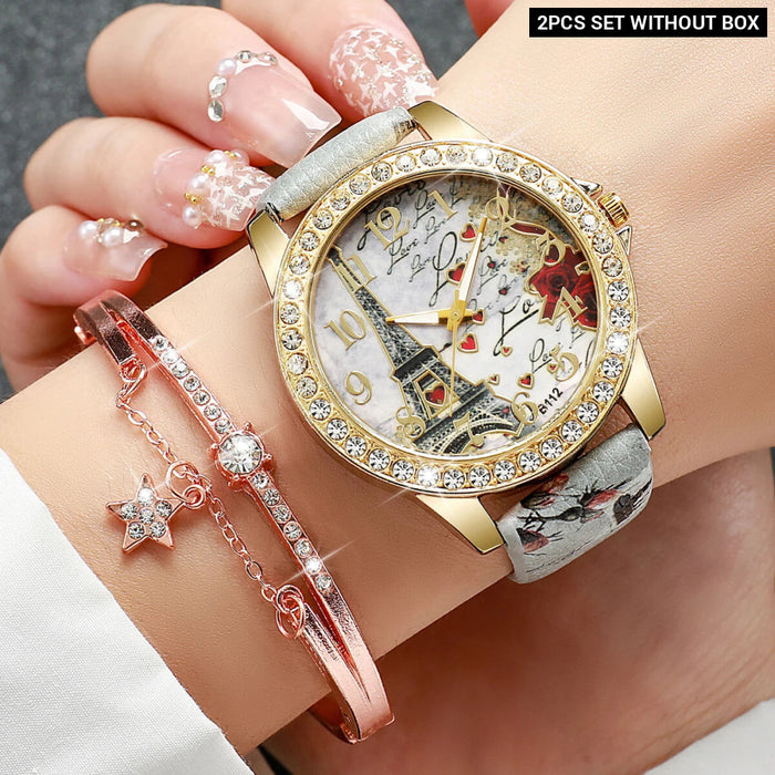 PU Leather Eiffel Tower Watch Set