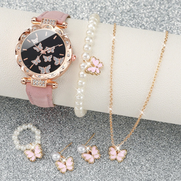 6pc Butterfly Dial Watch Jewelry Set