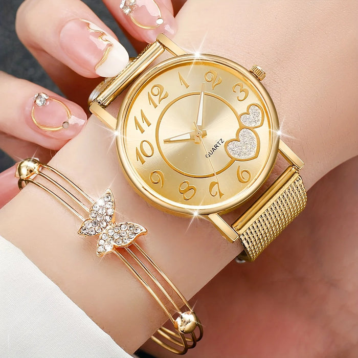 6 Piece Heart Watch Set Golden Quartz Butterfly Design