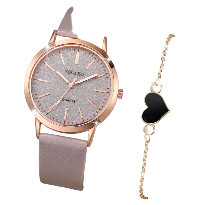 2 Piece Casual Quartz Watch PU Leather Strap Heart Bracelet