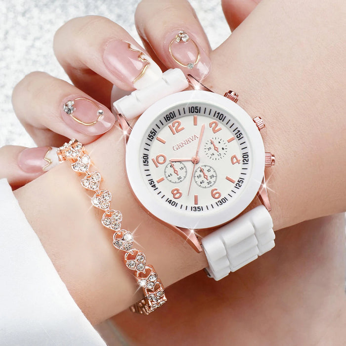 2 Piece Rhinestone Heart Bracelet Watch Set for Women