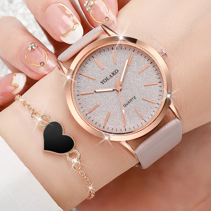 2 Piece Casual Quartz Watch PU Leather Strap Heart Bracelet