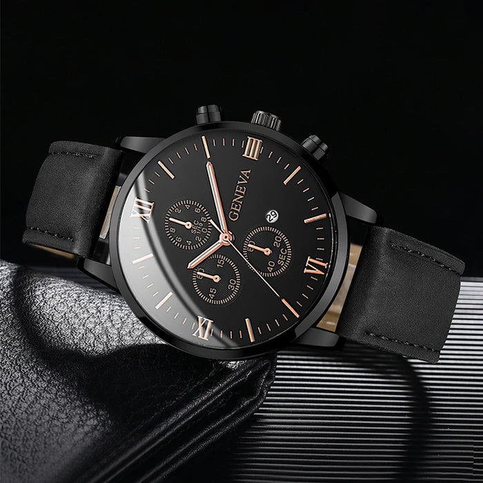 Leather Band Mens Watch Calendar Analog Quartz