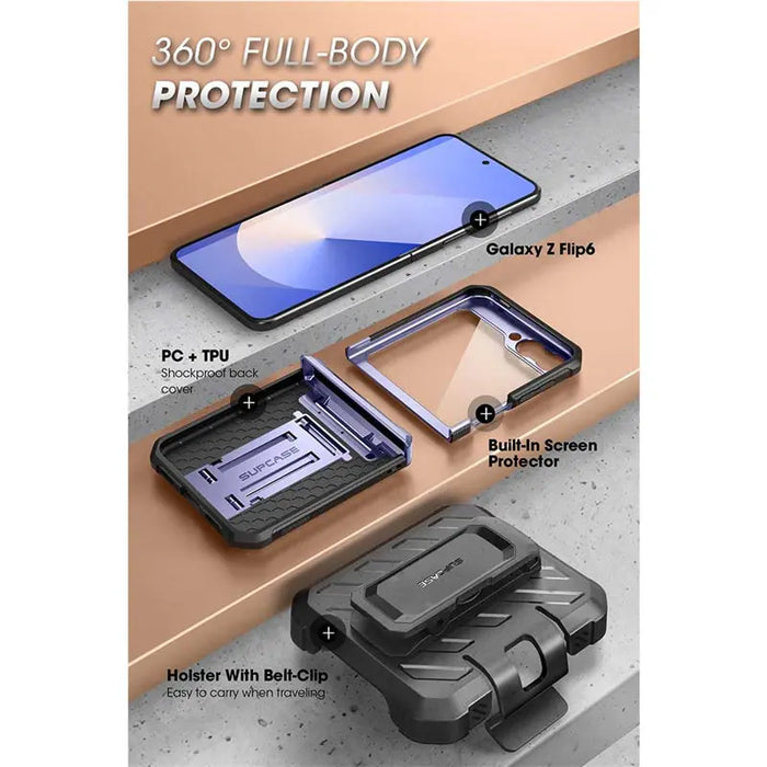 For Samsung Galaxy Z Flip 6/5 Hinge Protection Dual Layer Rugged Protective Case With Holster & Kickstand