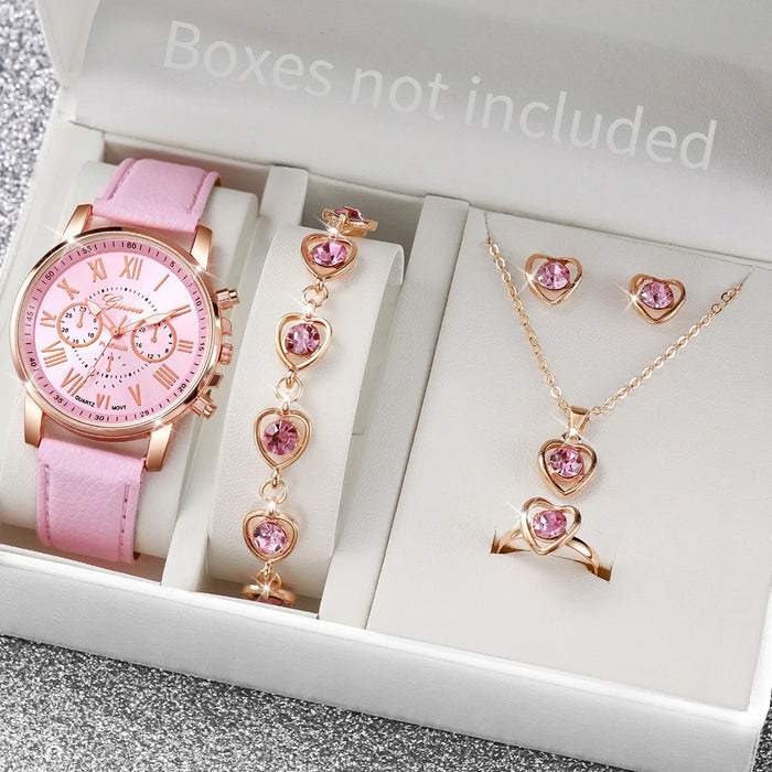 6 Piece Heart Rhinestone Watch Jewelry Set