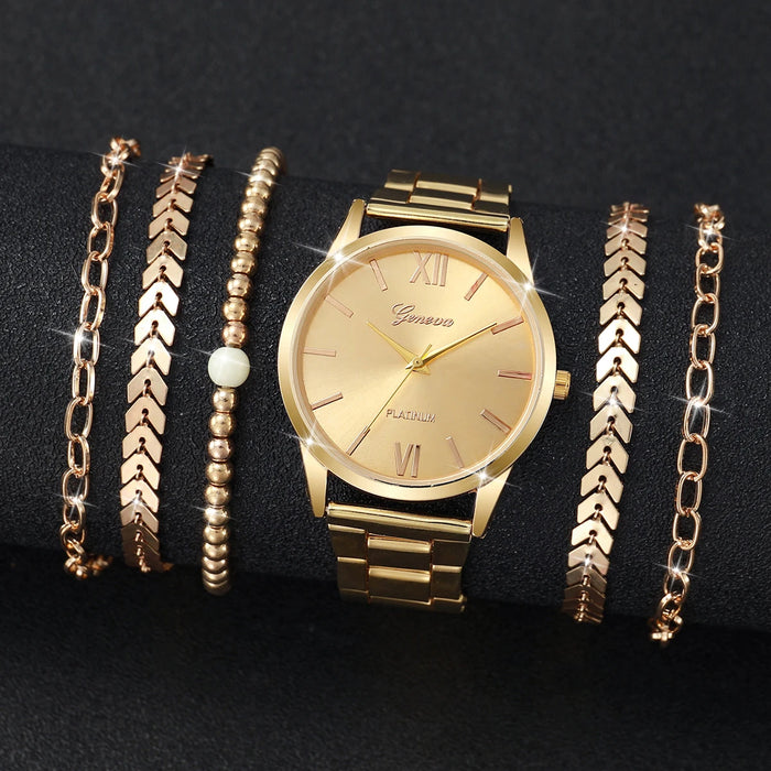 6 Piece Gold Steel Band Quartz Watch Set - Without Box