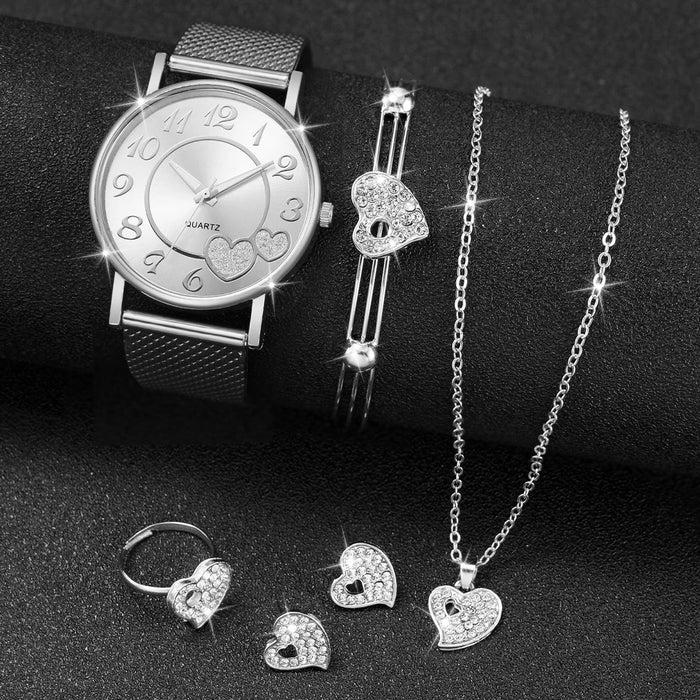 6 Piece Heart Dial Quartz Watch Set Plastic Band Jewelry