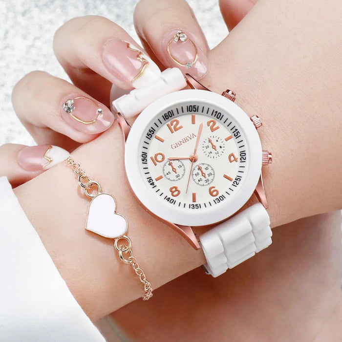 2 Piece Fashion Watch Bracelet Set Silicone Band Quartz Movement