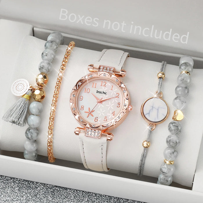 5 Piece Floral Dial Leather Band Watch Set - Without Box