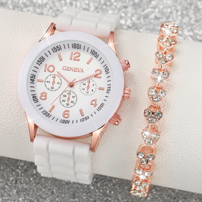 2 Piece Rhinestone Heart Bracelet Watch Set for Women