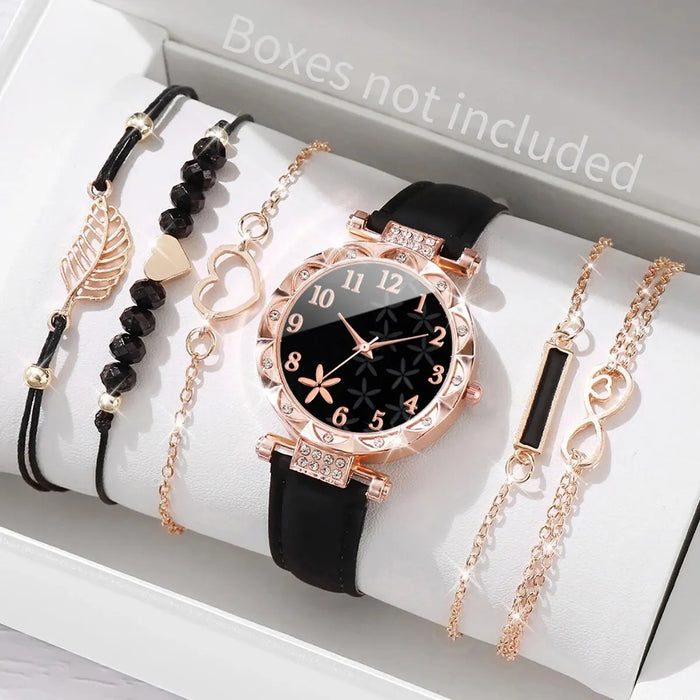 6 Piece Floral Quartz Watch Bracelet Set for Women