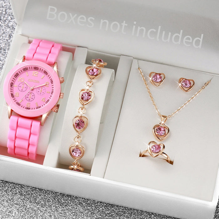 6 Piece Quartz Watch Set Rhinestone Heart Jewelry - Without Box