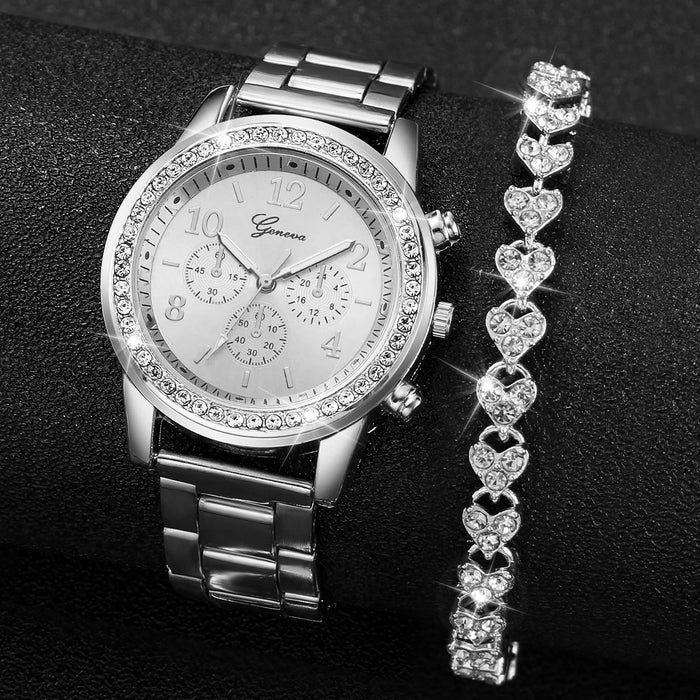 2 Piece Rhinestone Analog Watch Set for Women