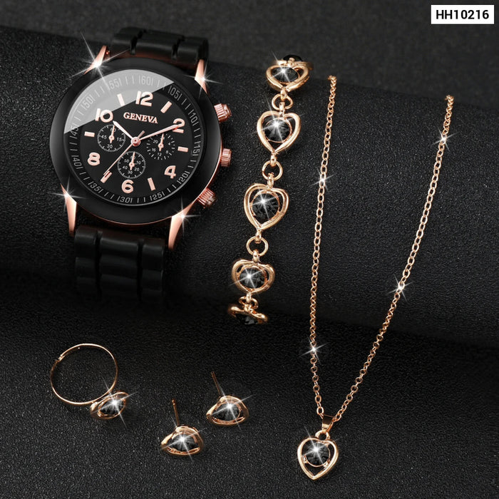 6 Piece Quartz Watch Set Rhinestone Heart Jewelry - Without Box