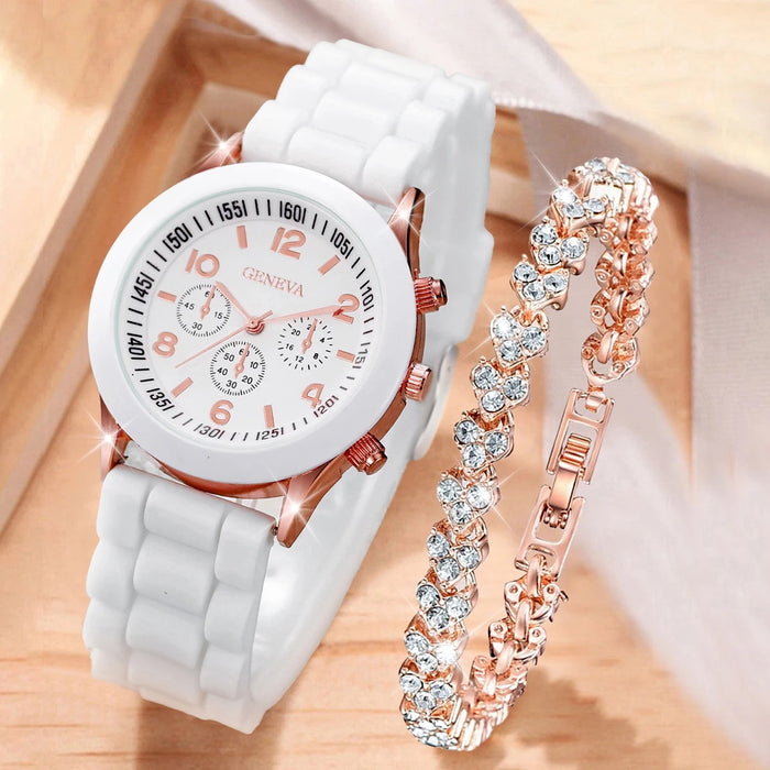 2 Piece Rhinestone Heart Bracelet Watch Set for Women