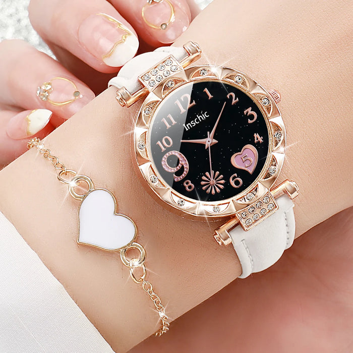 6 Piece Rhinestone Heart Watch Set Leather Bands