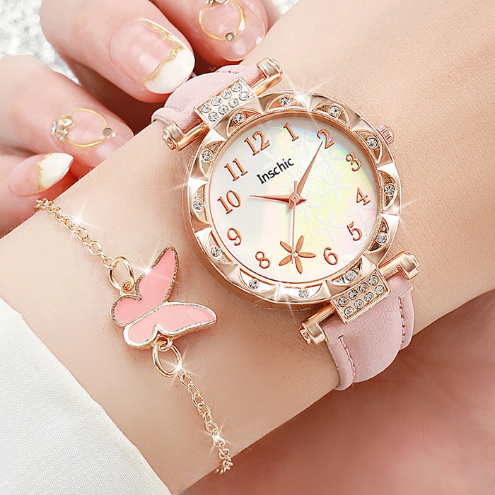 6 Piece Floral Leather Band Watch Set - Without Box