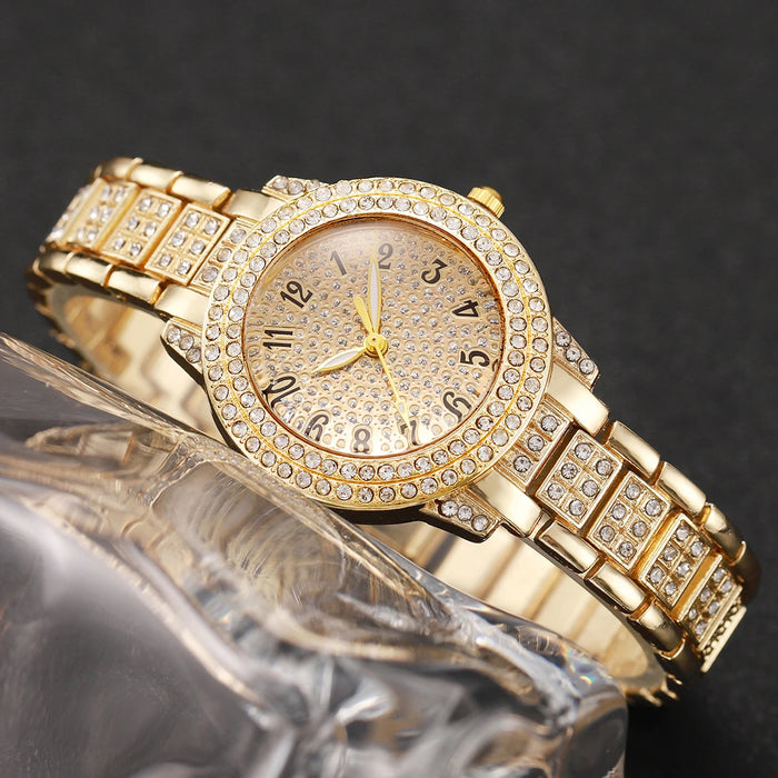 6pc Diamond Watch Set Gold Steel Band